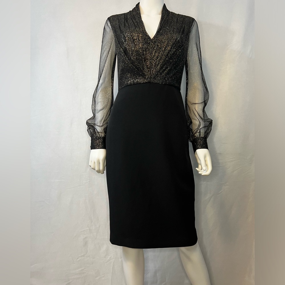 BADGLEY MISCHKA.NWT.Long Sleeve Crepe Sheath dress. Foiled Tulle Mesh Design.4 - Picture 3 of 16